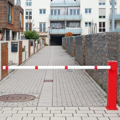 COMPACT Electronic Boom Barrier - Solar/Battery Operated Lift/Lower - Overall Width 1,650mm - Drive Through Width 1,500mm - Supplied with 1 x Remote Fob - Surface Fix - Red/White