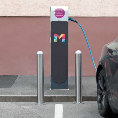 TRAFFIC-LINE EV Charging Point Protection Bollards, Stainless Steel, 108/2mm, H 1,200mm, aluminium cap, base plate 200mm Ø, surface fix