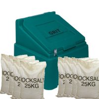 200 Litre 720 x 750 x 710mm Heavy Duty Grit Bin Forest Green and 8 x 25kg white rock salt