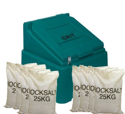 200 Litre 720 x 750 x 710mm Heavy Duty Grit Bin Forest Green and 8 x 25kg white rock salt