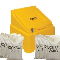 200 Litre 720 x 750 x 710mm Heavy Duty Grit Bin Yellow and 8 x 25kg white rock salt
