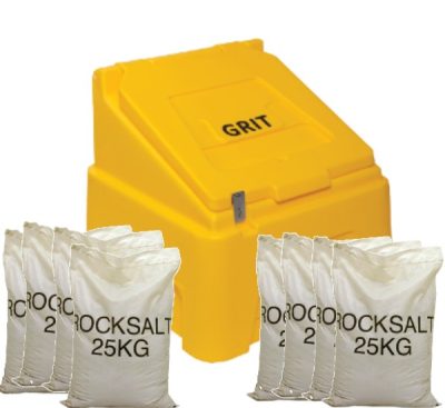 200 Litre 720 x 750 x 710mm Heavy Duty Grit Bin Yellow and 8 x 25kg white rock salt