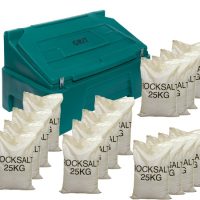 400 Litre 1260 x 750 x 710mm Heavy Duty Grit Bin Forest Green and 16 x 25kg white rock salt