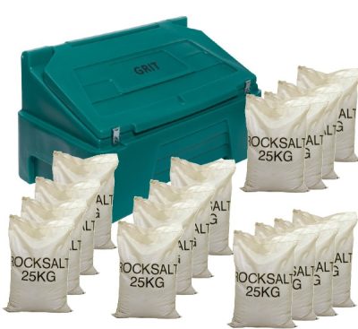 400 Litre 1260 x 750 x 710mm Heavy Duty Grit Bin Forest Green and 16 x 25kg white rock salt