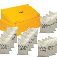 400 Litre 1260 x 750 x 710mm Heavy Duty Grit Bin Yellow and 16 x 25kg white rock salt