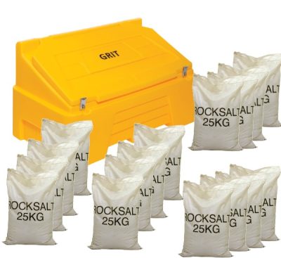 400 Litre 1260 x 750 x 710mm Heavy Duty Grit Bin Yellow and 16 x 25kg white rock salt
