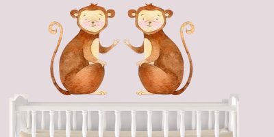 Jungle Animal Nursery Decal,  Twin Monkeys Wall Sticker, Childrens Watercolour Bedroom Decor,removeable fabric