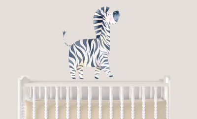 Jungle Animal Nursery Decal,  Baby Zebra Wall Sticker, Childrens Watercolour Bedroom Decor,removeable fabric