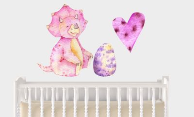 Jungle Animal Nursery Decal,  Baby Triceratops Wall Sticker, Childrens Watercolour Dinosaur Bedroom Decor, removeable fabric