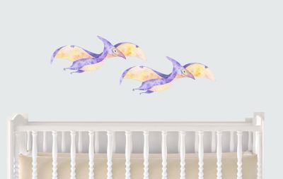 Jungle Animal Nursery Decal, Twin Baby Flying pterodactyl Wall Sticker, Childrens Watercolour Dinosaur Bedroom Decor, removeable fabric