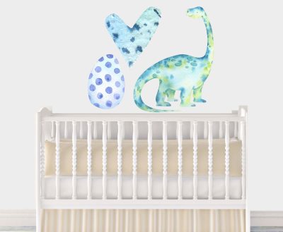 Jungle Animal Nursery Decal, Brachiosaurus blue Wall Sticker, Childrens Watercolour Dinosaur Bedroom Decor, removeable fabric