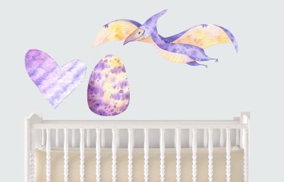 Jungle Animal Nursery Decal, Flying pterodactyl Wall Sticker, Childrens Watercolour Dinosaur Bedroom Decor, removeable fabric