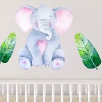 Jungle Animal Nursery Decal, Baby Elephant Wall Sticker, Childrens Watercolour Bedroom Decor, Green Safari Leaves, removeable fabric