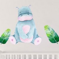 Jungle Animal Nursery Decal, Baby Hippo Wall Sticker, Childrens Watercolour Bedroom Decor, Green Safari Leaves, removeable fabric
