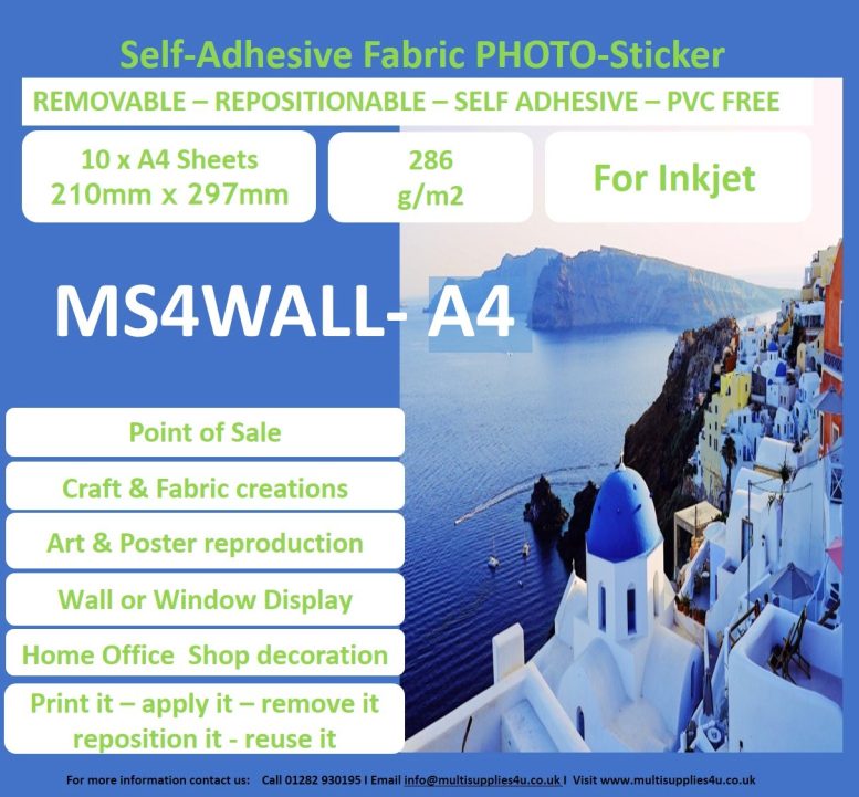 Photo Print Quality Removable 50 x A4 sheet Inkjet Self Adhesive Fabric Canvas