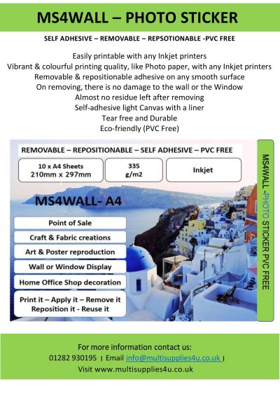 MS4WALL Inkjet Self Adhesive Fabric Canvas Removable A4 X 50 Sheets - Image 5