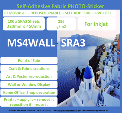 MS4WALL Inkjet Self Adhesive Fabric Canvas Removable SRA3 X 100 Sheets
